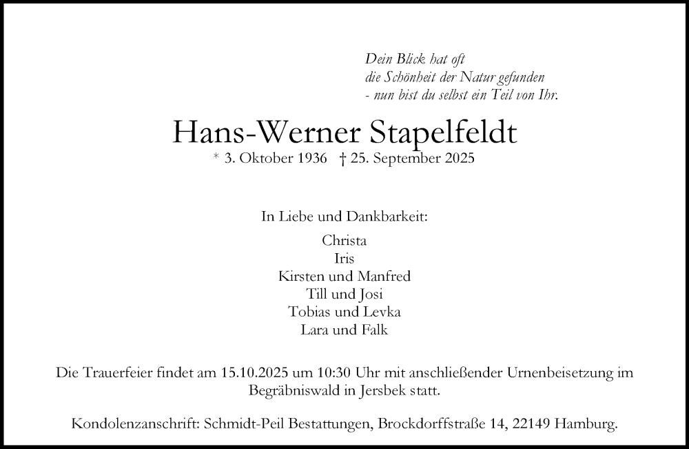  Traueranzeige für Hans-Werner Stapelfeldt vom 11.10.2025 aus MARKT Ahrensburg/Bargteheide/Trittau und Stormarner Tageblatt