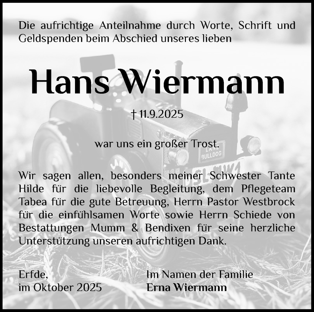  Traueranzeige für Hans Wiermann vom 10.10.2025 aus Schleswig-Holsteinische Landeszeitung