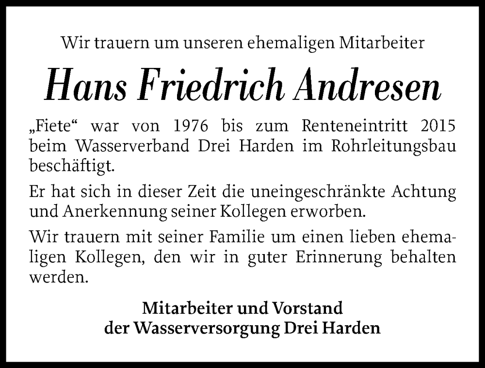  Traueranzeige für Hans Friedrich Andresen vom 06.10.2025 aus Husumer Nachrichten, Nordfriesland Tageblatt