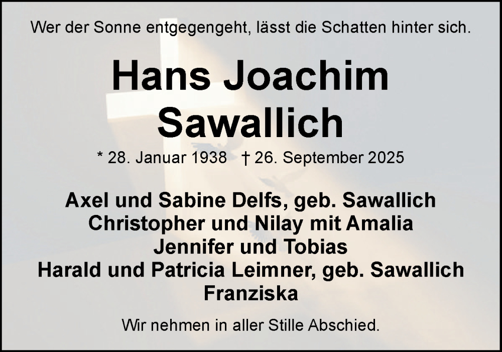  Traueranzeige für Hans Joachim Sawallich vom 11.10.2025 aus Eckernförder Zeitung, Hallo Eckernförde
