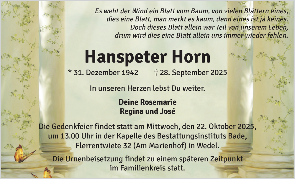  Traueranzeige für Hanspeter Horn vom 11.10.2025 aus Wedel-Schulauer Tageblatt, tip Wedel-Schulauer Tageblatt, tip Rissener Rundschau