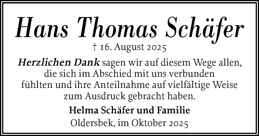  Traueranzeige für Hans Thomas Schäfer vom 10.10.2025 aus Husumer Nachrichten, Nordfriesland Tageblatt