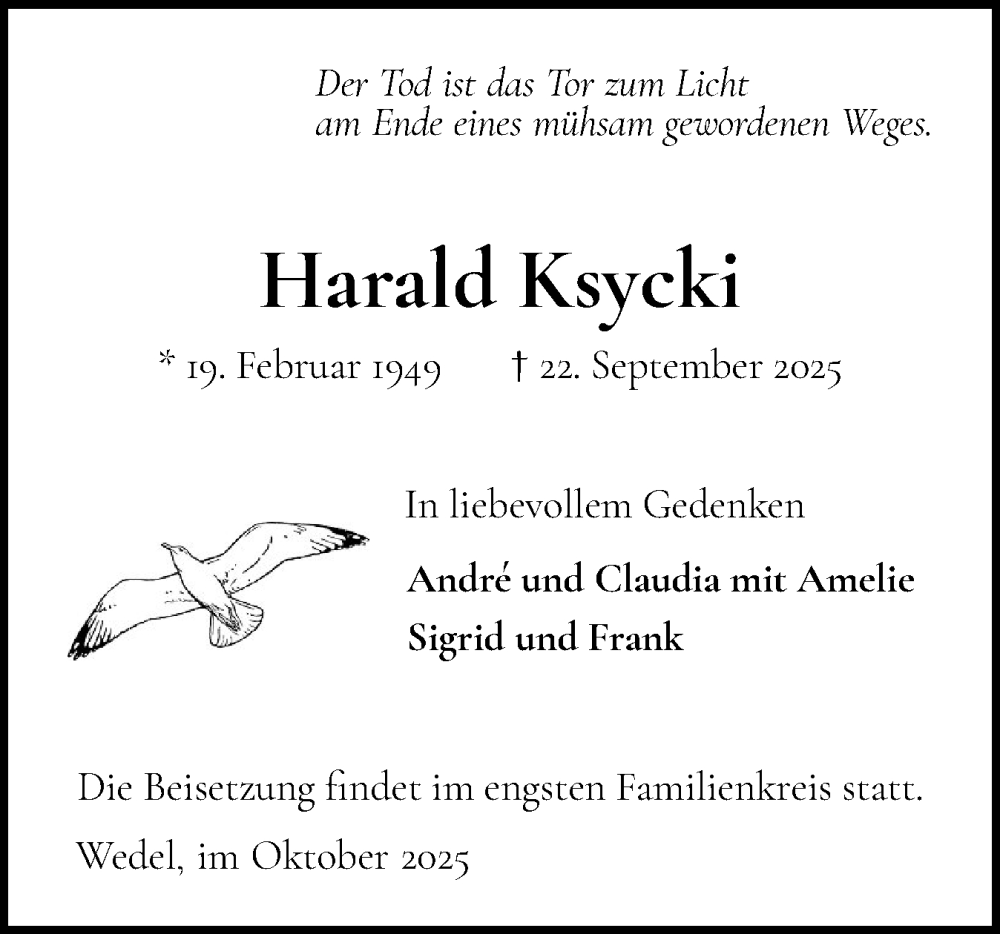  Traueranzeige für Harald Ksycki vom 04.10.2025 aus Wedel-Schulauer Tageblatt, tip Wedel-Schulauer Tageblatt, tip Rissener Rundschau