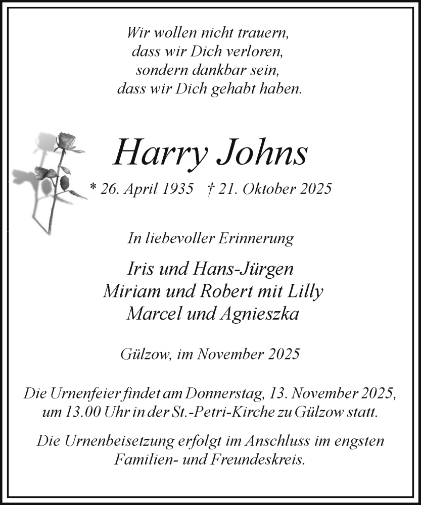  Traueranzeige für Harry Johns vom 01.11.2025 aus Wochenend Anzeiger