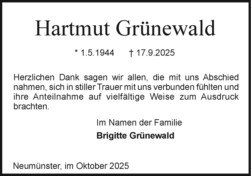  Traueranzeige für Hartmut Grünewald vom 25.10.2025 aus Holsteinischer Courier