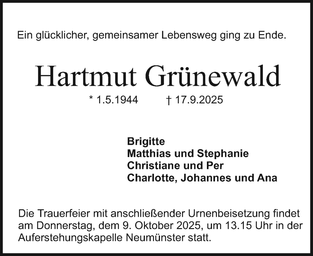  Traueranzeige für Hartmut Grünewald vom 04.10.2025 aus Holsteinischer Courier