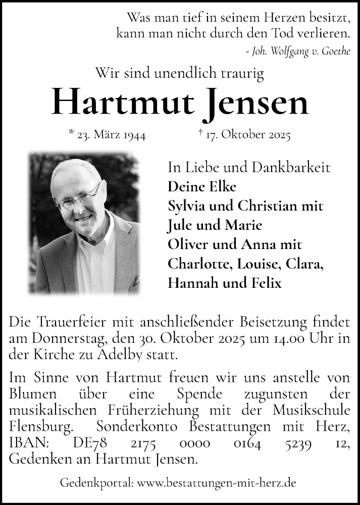  Traueranzeige für Hartmut Jensen vom 25.10.2025 aus Flensburger Tageblatt