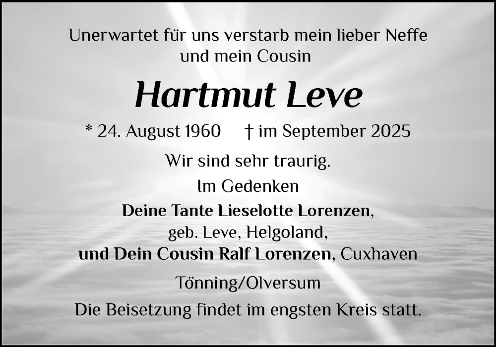  Traueranzeige für Hartmut Leve vom 25.10.2025 aus Husumer Nachrichten, Nordfriesland Tageblatt