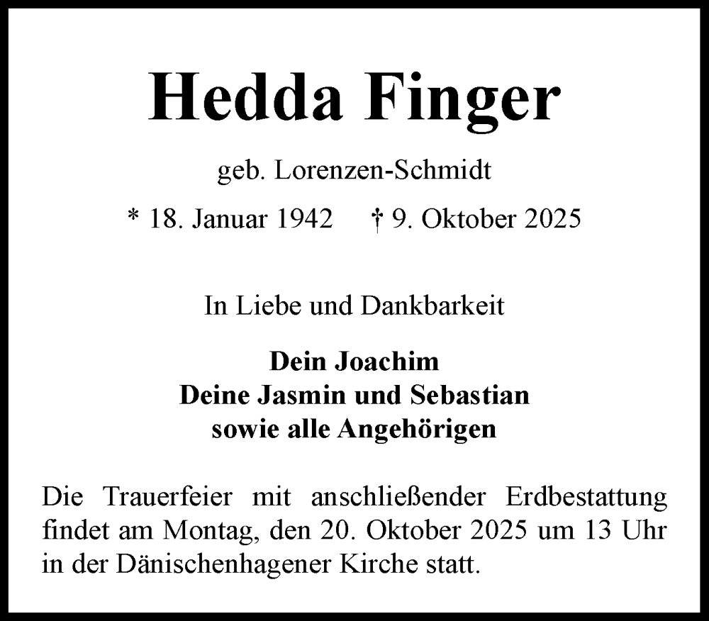  Traueranzeige für Hedda Finger vom 18.10.2025 aus Schleswiger Nachrichten, Schlei-Bote