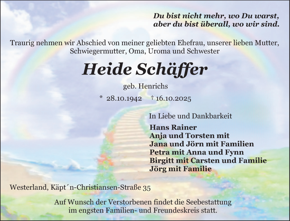  Traueranzeige für Heide Schäffer vom 25.10.2025 aus Sylter Rundschau