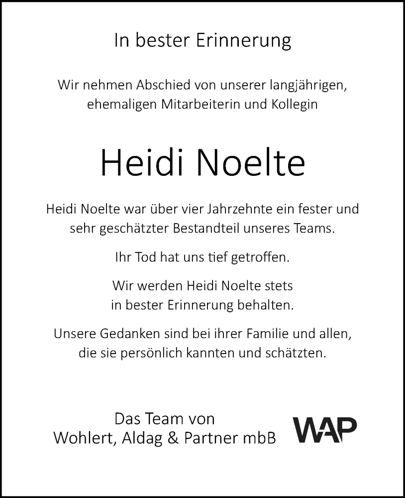  Traueranzeige für Heidi Noelte vom 18.10.2025 aus Norddeutsche Rundschau, Wilstersche Zeitung, Glückstädter Fortuna