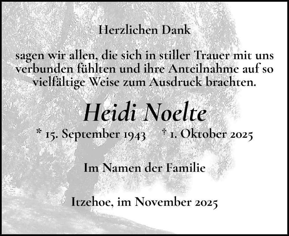  Traueranzeige für Heidi Noelte vom 01.11.2025 aus Norddeutsche Rundschau, Wilstersche Zeitung, Glückstädter Fortuna