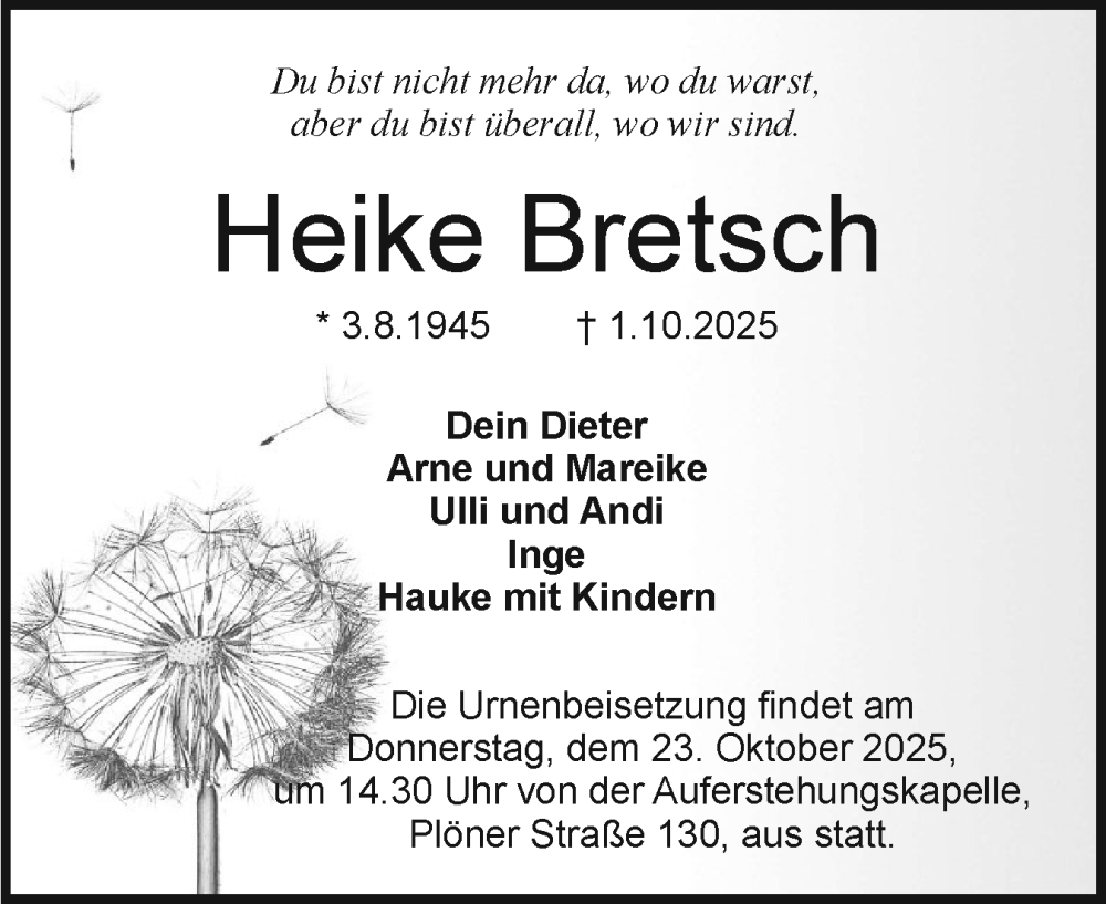  Traueranzeige für Heike Bretsch vom 18.10.2025 aus Holsteinischer Courier