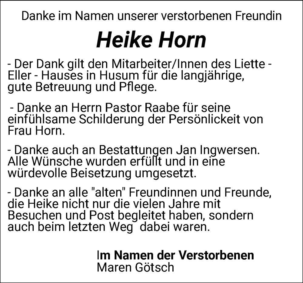  Traueranzeige für Heike Horn vom 18.10.2025 aus Husumer Nachrichten, Nordfriesland Tageblatt