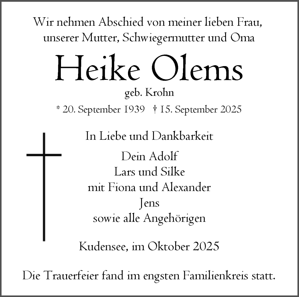  Traueranzeige für Heike Olems vom 04.10.2025 aus Norddeutsche Rundschau, Wilstersche Zeitung, Glückstädter Fortuna