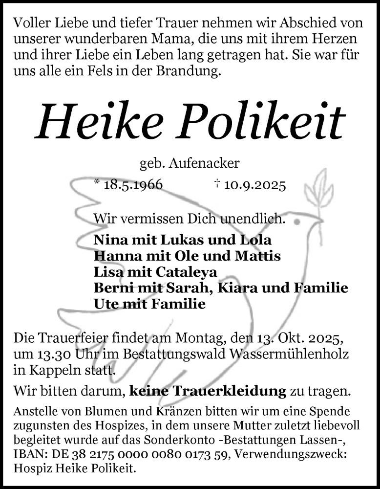  Traueranzeige für Heike Polikeit vom 02.10.2025 aus Schleswiger Nachrichten, Schlei-Bote