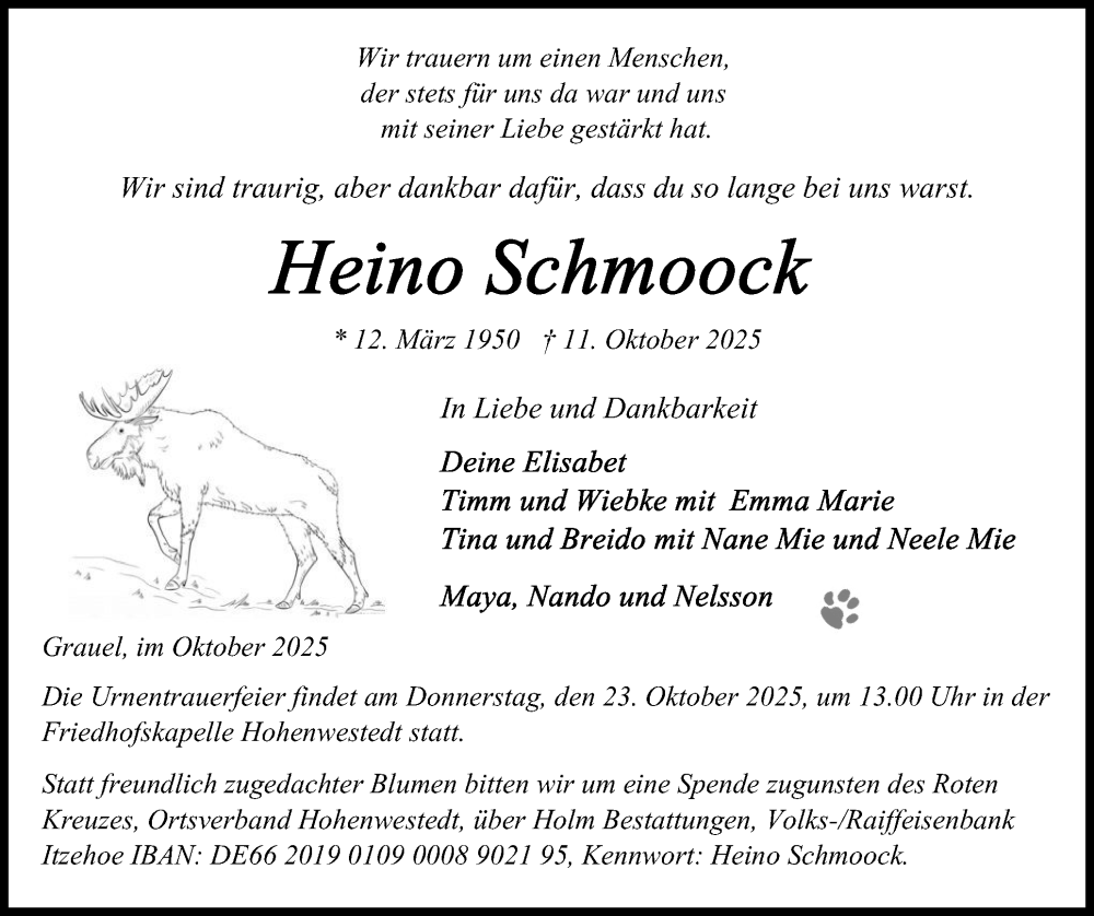  Traueranzeige für Heino Schmoock vom 18.10.2025 aus Schleswig-Holsteinische Landeszeitung