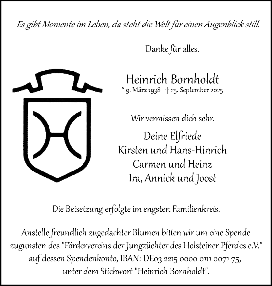  Traueranzeige für Heinrich Bornholdt vom 01.11.2025 aus Uetersener Nachrichten, Der tip am Wochenende