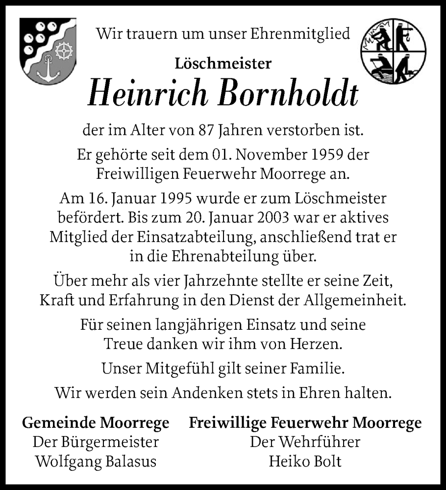  Traueranzeige für Heinrich Bornholdt vom 01.11.2025 aus Uetersener Nachrichten, Der tip am Wochenende