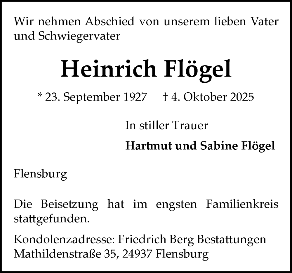  Traueranzeige für Heinrich Flögel vom 25.10.2025 aus Flensburger Tageblatt