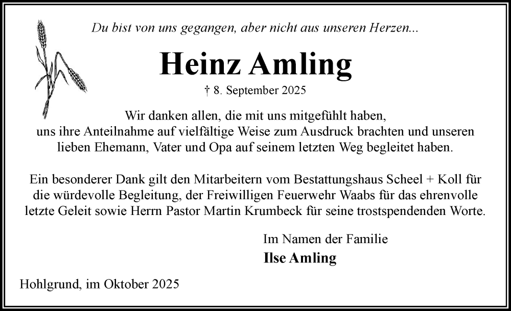  Traueranzeige für Heinz Amling vom 04.10.2025 aus Eckernförder Zeitung, Hallo Eckernförde