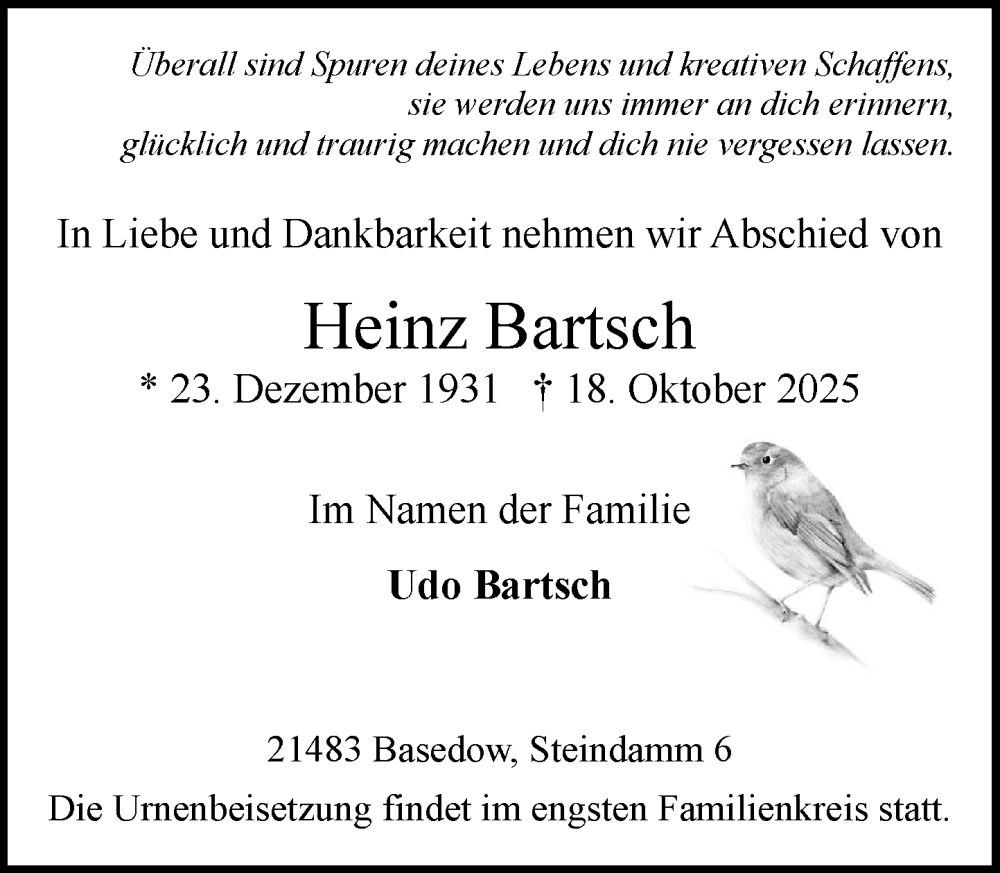  Traueranzeige für Heinz Bartsch vom 01.11.2025 aus Wochenend Anzeiger