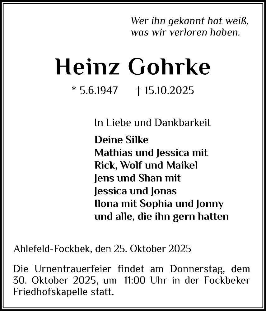  Traueranzeige für Heinz Gohrke vom 25.10.2025 aus Schleswig-Holsteinische Landeszeitung