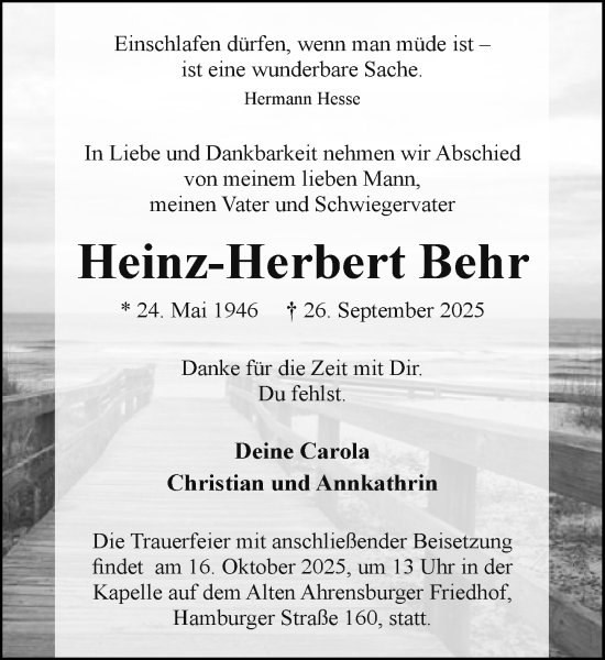 Traueranzeige von Heinz-Herbert Behr von MARKT Ahrensburg/Bargteheide/Trittau und Stormarner Tageblatt