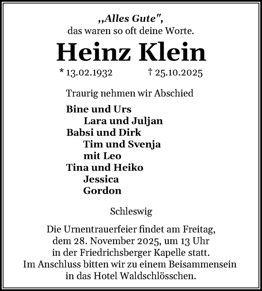  Traueranzeige für Heinz Klein vom 01.11.2025 aus Schleswiger Nachrichten, Schlei-Bote