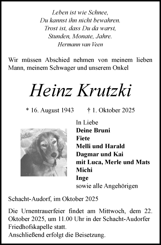 Traueranzeige von Heinz Krutzki von Schleswig-Holsteinische Landeszeitung