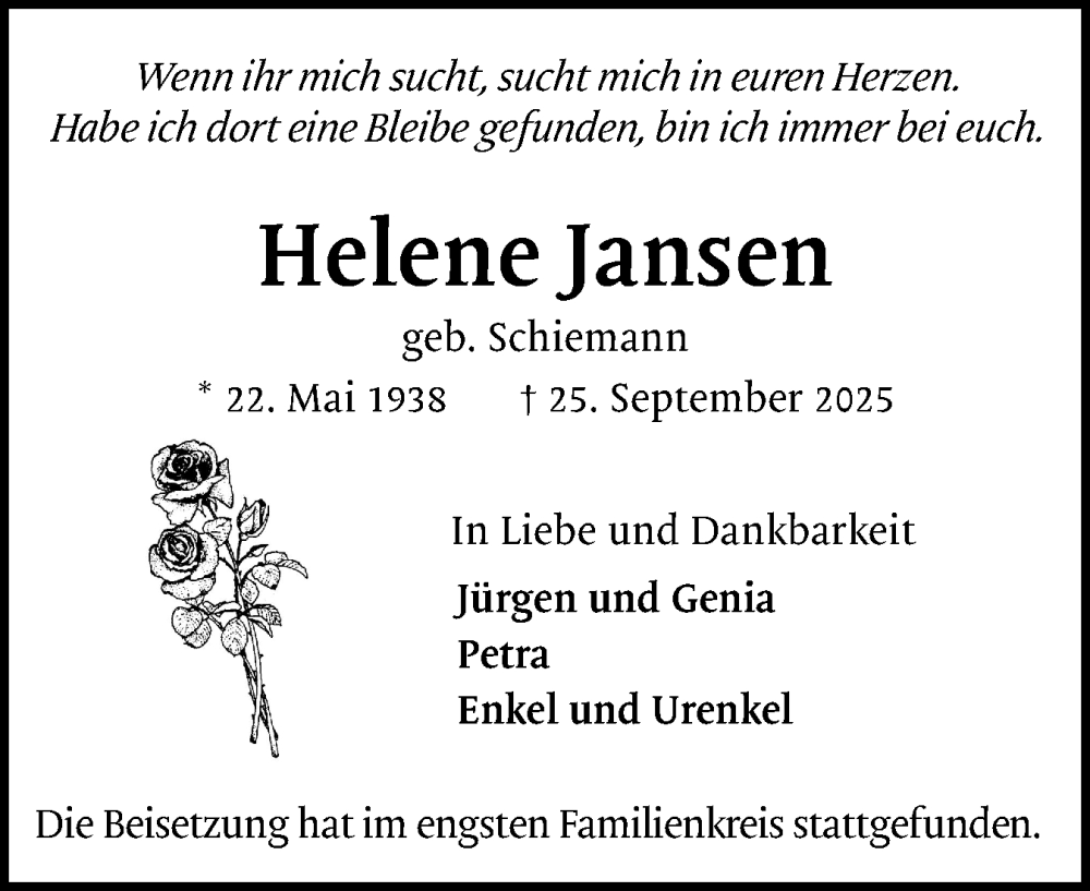  Traueranzeige für Helene Jansen vom 11.10.2025 aus Uetersener Nachrichten, Der tip am Wochenende