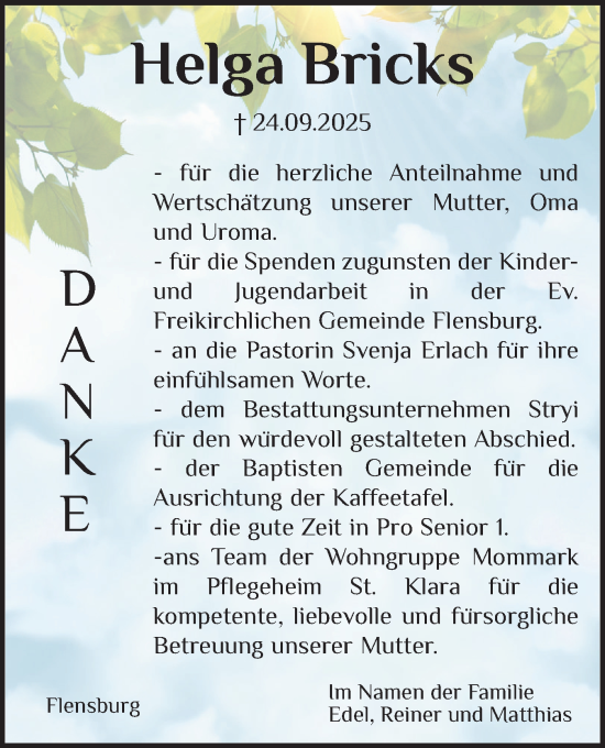 Traueranzeige von Helga Bricks von Flensburger Tageblatt