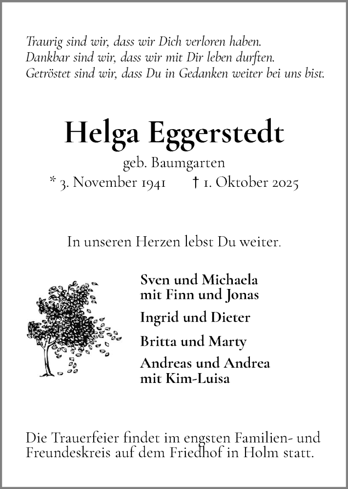  Traueranzeige für Helga Eggerstedt vom 11.10.2025 aus Uetersener Nachrichten, Der tip am Wochenende