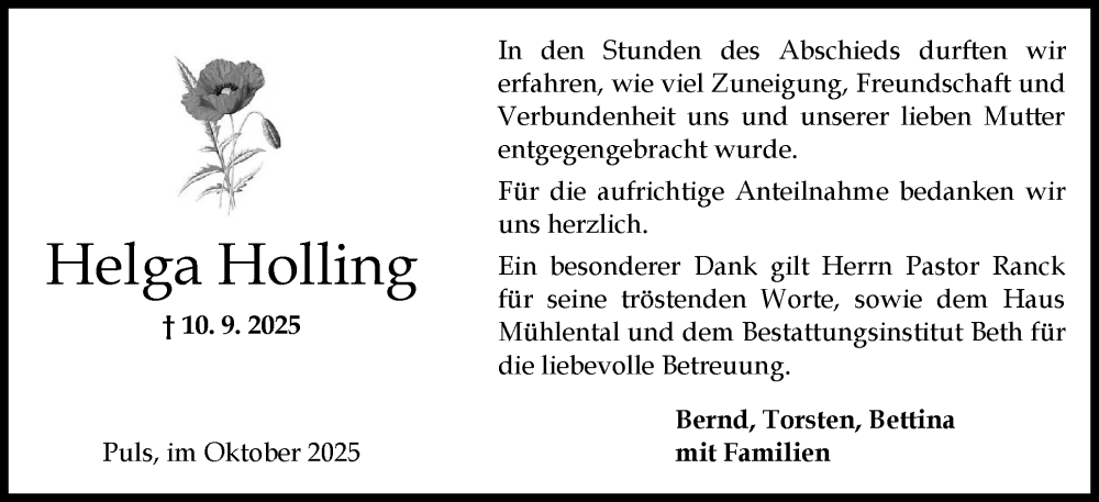  Traueranzeige für Helga Holling vom 04.10.2025 aus Norddeutsche Rundschau, Wilstersche Zeitung, Glückstädter Fortuna