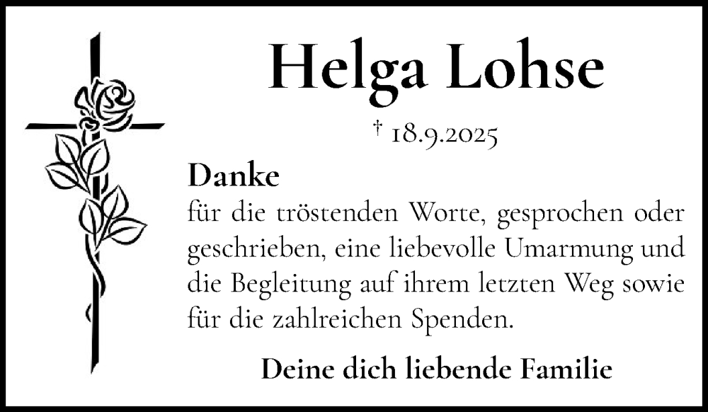  Traueranzeige für Helga Lohse vom 18.10.2025 aus Schleswiger Nachrichten, Schlei-Bote