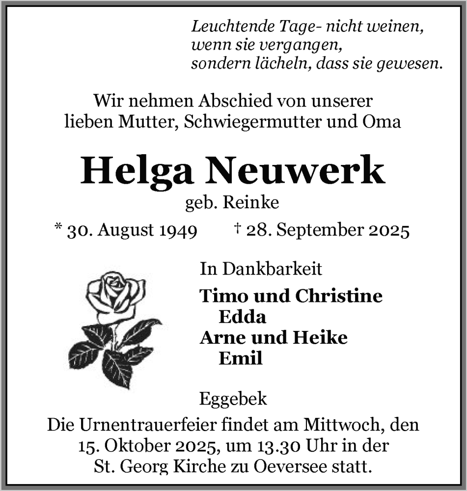  Traueranzeige für Helga Neuwerk vom 04.10.2025 aus Flensburger Tageblatt