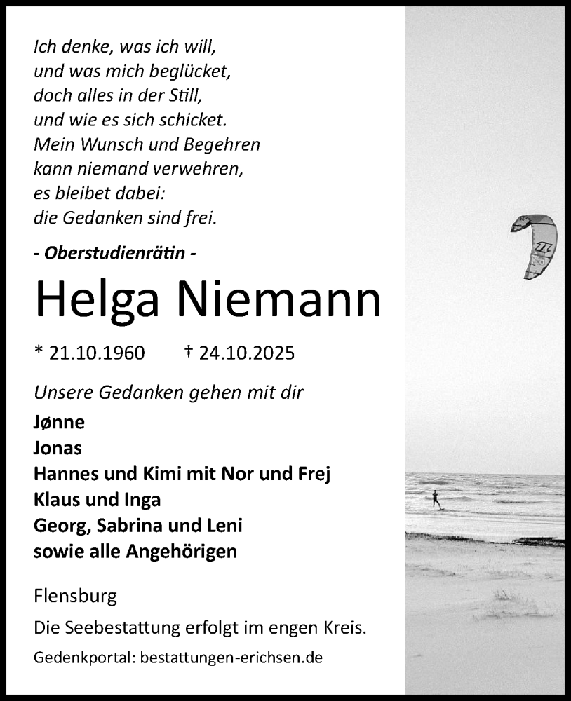  Traueranzeige für Helga Niemann vom 01.11.2025 aus Flensburger Tageblatt