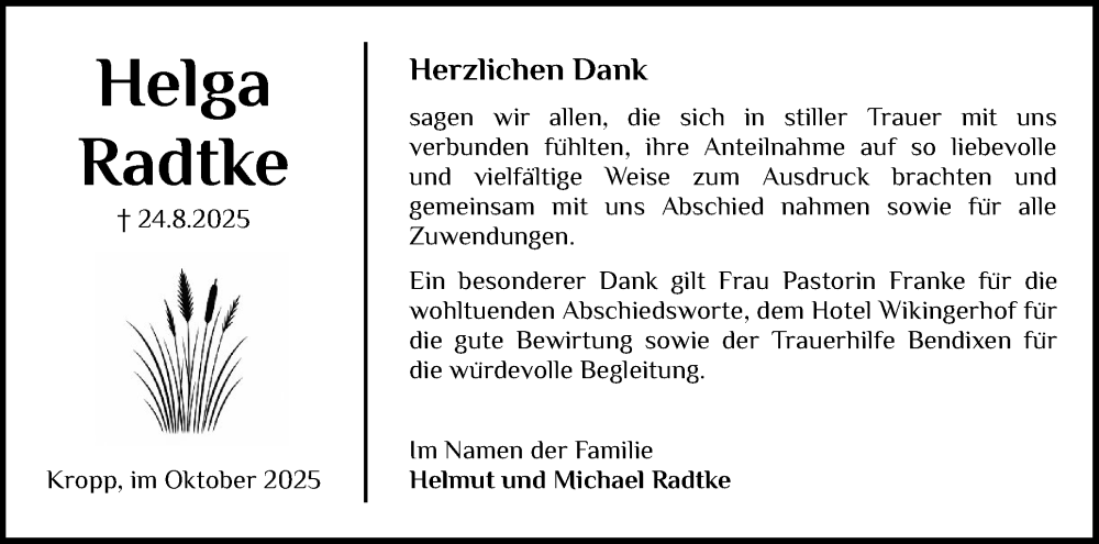  Traueranzeige für Helga Radtke vom 18.10.2025 aus Schleswig-Holsteinische Landeszeitung