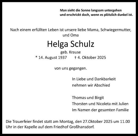 Traueranzeige von Helga Schulz von MARKT Ahrensburg/Bargteheide/Trittau und Stormarner Tageblatt
