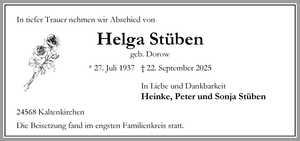  Traueranzeige für Helga Stüben vom 11.10.2025 aus Umschau