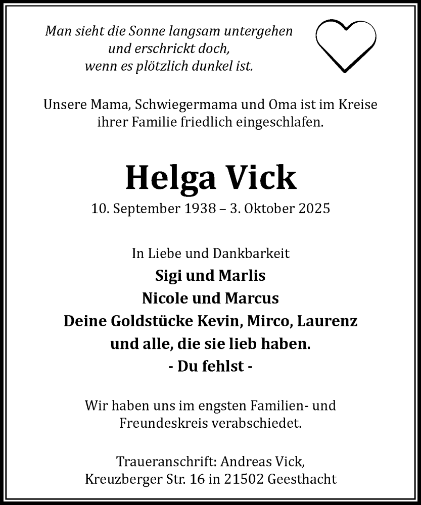  Traueranzeige für Helga Vick vom 18.10.2025 aus Wochenend Anzeiger