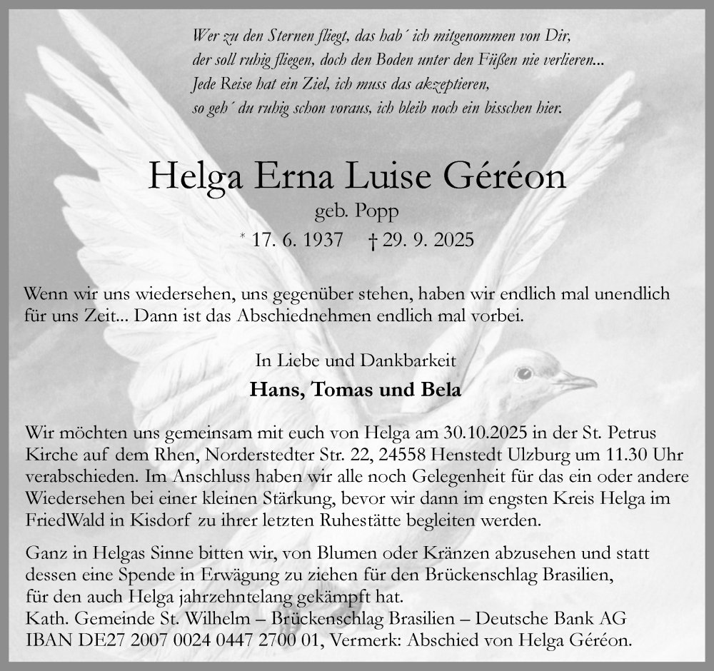  Traueranzeige für Helga Erna Luise Géréon vom 11.10.2025 aus Umschau