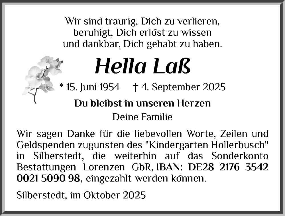  Traueranzeige für Hella Laß vom 04.10.2025 aus Schleswiger Nachrichten, Schlei-Bote
