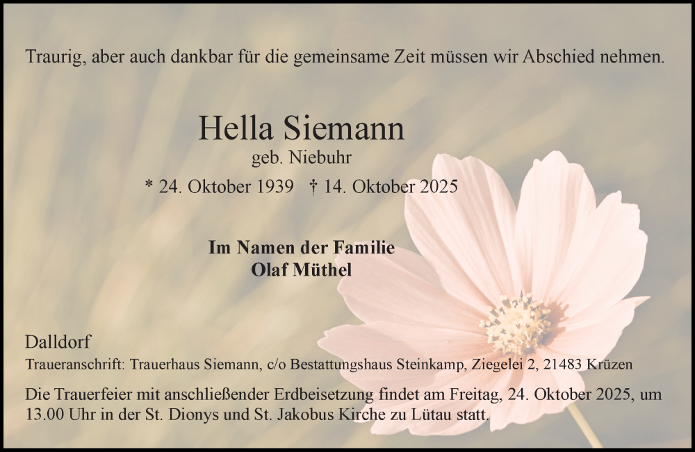  Traueranzeige für Hella Siemann vom 18.10.2025 aus Wochenend Anzeiger