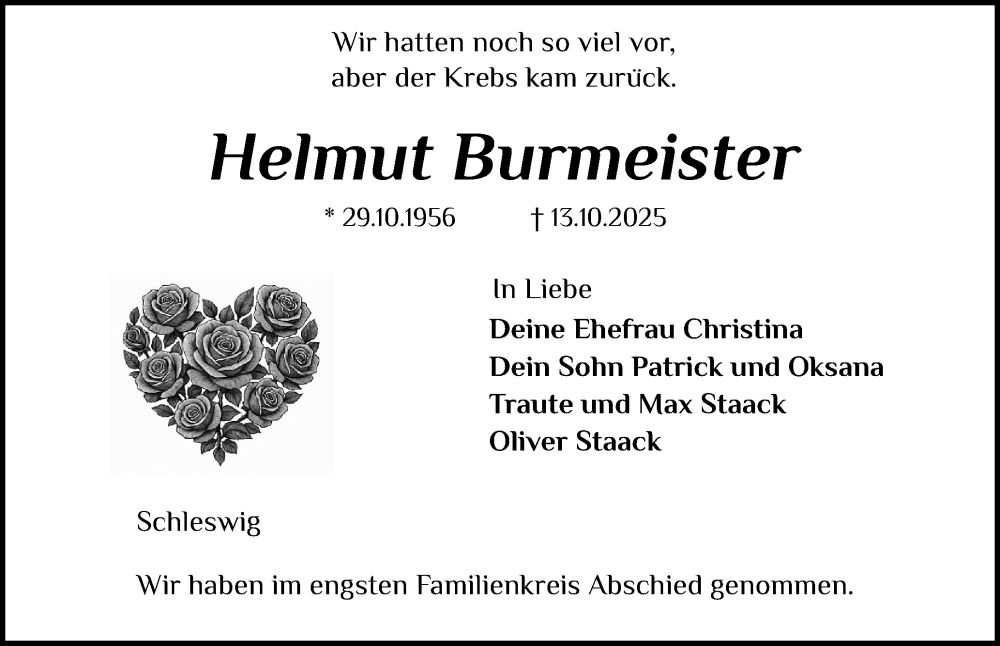  Traueranzeige für Helmut Burmeister vom 25.10.2025 aus Schleswiger Nachrichten, Schlei-Bote