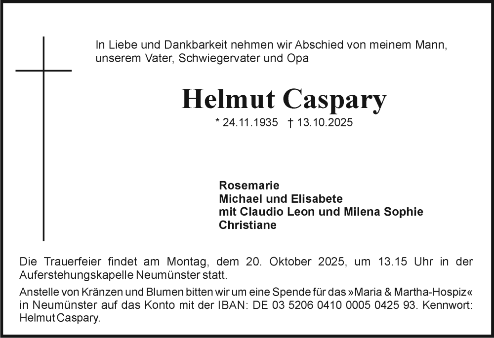  Traueranzeige für Helmut Caspary vom 18.10.2025 aus Holsteinischer Courier
