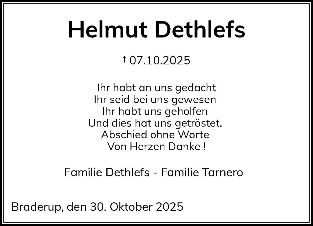  Traueranzeige für Helmut Dethlefs vom 30.10.2025 aus Sylter Rundschau
