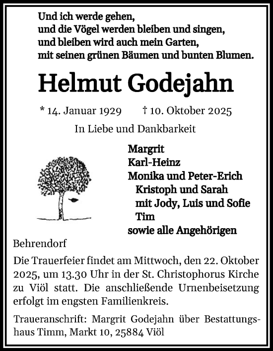 Traueranzeige von Helmut Godejahn von Husumer Nachrichten, Nordfriesland Tageblatt