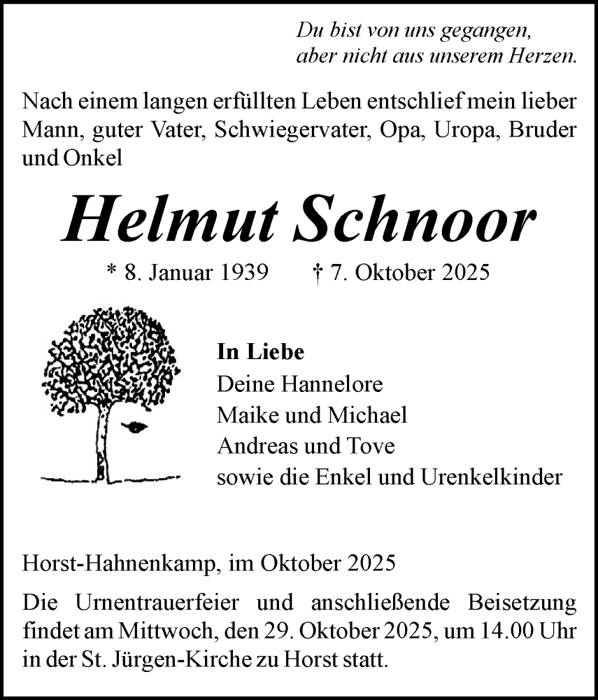  Traueranzeige für Helmut Schnoor vom 22.10.2025 aus Elmshorner Nachrichten, Barmstedter Zeitung