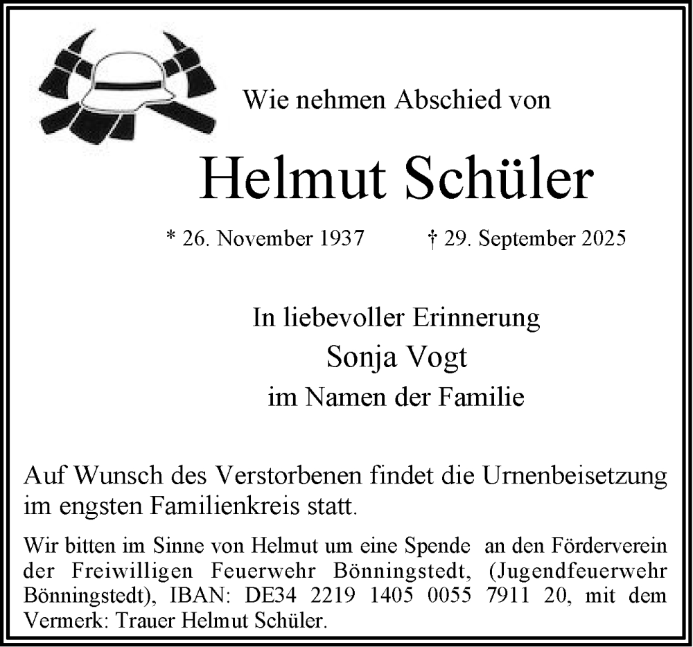  Traueranzeige für Helmut Schüler vom 11.10.2025 aus Region Pinneberg und tip Pinneberg